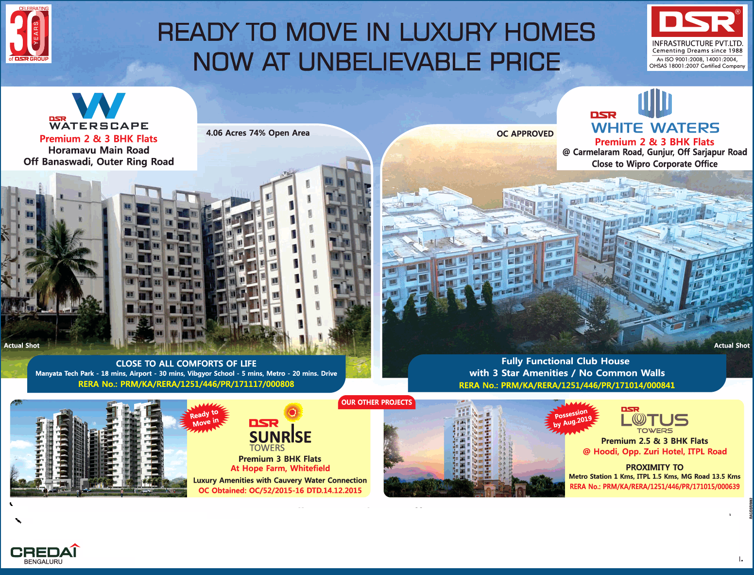 Ready to move in luxury homes now at unbelievable price by DSR Infrastructure, Bangalore